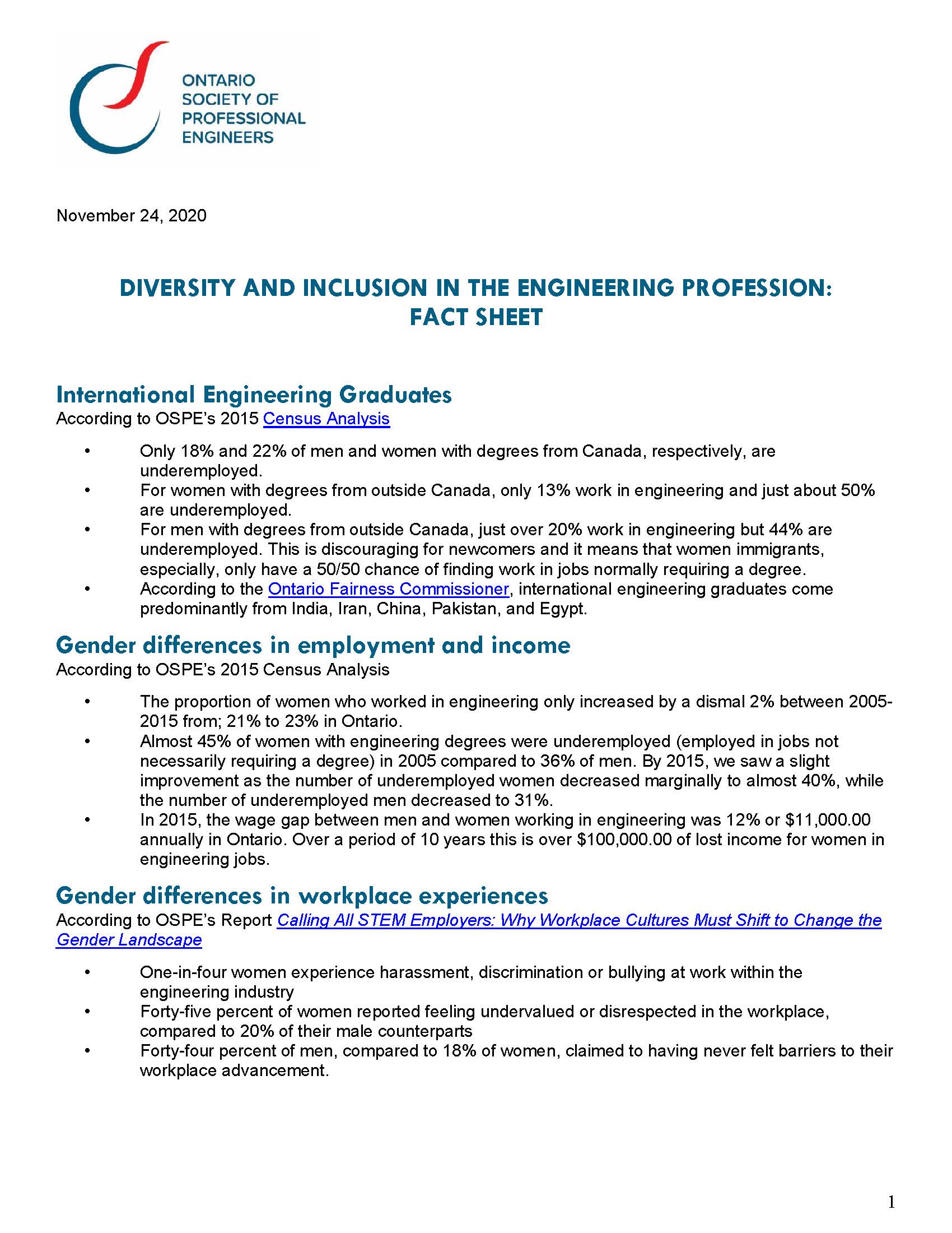 Diversity and Inclusion in the Engineering Profession: Fact Sheet