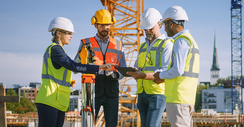 Diverse Team of Engineers Use Tablet Computer on Construction Site.