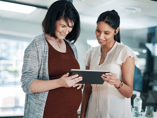 Working, collaboration and teamwork with diversity, tech and brand campaign with pregnant woman